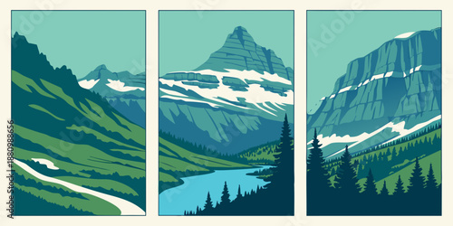 U.S, USA, US, United States - Mountain Landscape Triptych – Snow‑Capped Peaks, Evergreen Forest & River Valley Illustration, Minimalist Wilderness Nature Poster Art
