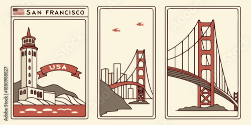 U.S, USA, US, United States - San Francisco Triptych – Lighthouse, City Skyline & Golden Gate Bridge Illustration, Vintage USA Travel Poster Art, California Landmark Design
