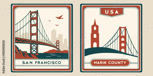 U.S, USA, US, United States - Golden Gate Bridge Diptych – San Francisco & Marin County Illustration, Vintage USA Travel Poster Art, California Landmark Design

