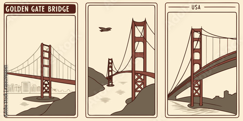 U.S, USA, US, United States - Golden Gate Bridge Triptych – San Francisco California Illustration, Vintage USA Suspension Bridge Art, Scenic Landmark Poster Design
