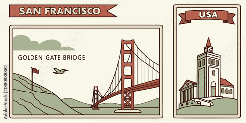 U.S, USA, US, United States - San Francisco Postcard Illustration – Golden Gate Bridge & Landmark Tower Art, Vintage USA Travel Poster Design

