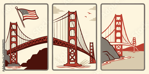 U.S, USA, US, United States - Golden Gate Bridge Triptych – San Francisco California Illustration, Vintage Suspension Bridge Art, USA Landmark Poster Design
