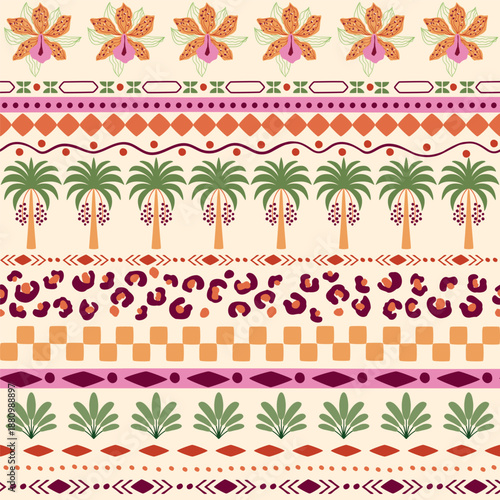 Tropical striped seamless pattern. Palm tree, flower leopard skin spots, geometric elements. Hawaii summer beach print, jungle textile design, safari repeat background. Vector tribal ethnic wallpaper.