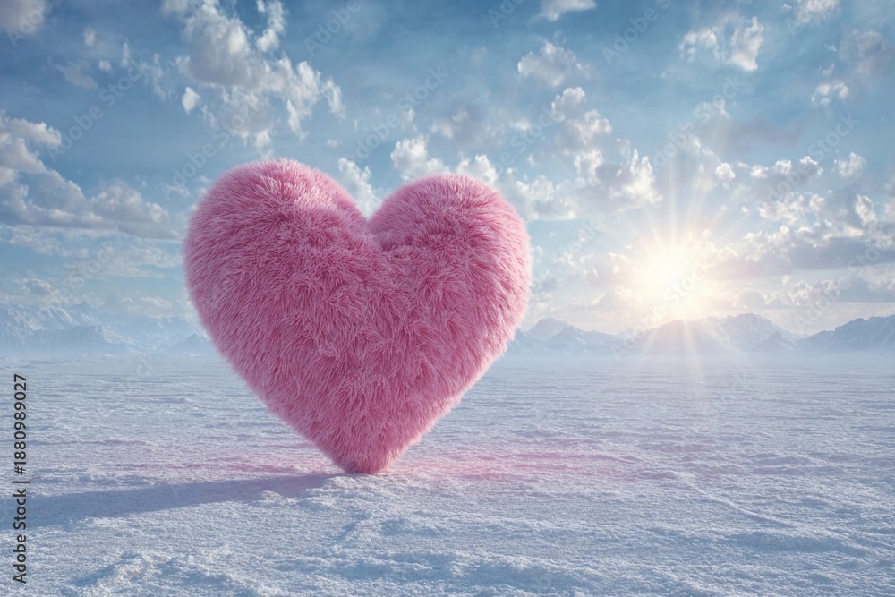 Fototapeta premium Soft pink heart placed on white snow with blue sky and sun shining in background during winter