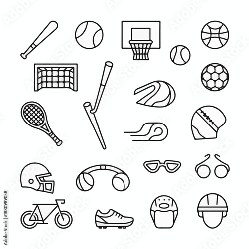 Sports Equipment Line Icons Set – Balls, Gear and Outdoor Activities Vector