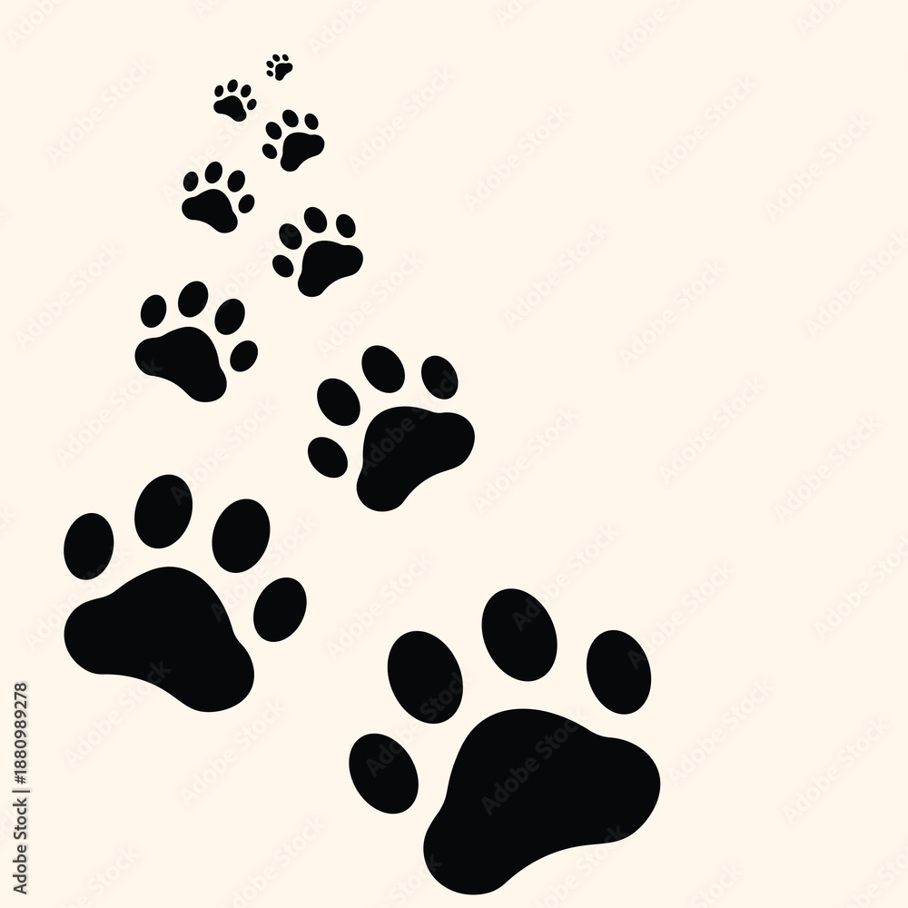 Fototapeta premium Minimal vector illustration of dog paw prints trail. Animal footprint path design suitable for pet care, veterinary, animal shelter, dog walking, pet shop branding, background and icon usage.