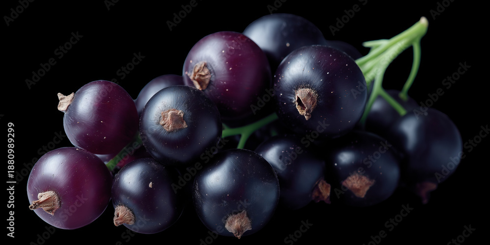 Fototapeta premium Close-up macro shot of a cluster of ripe blackcurrants on a dark background