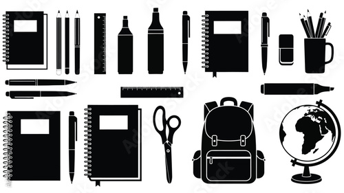 School supplies and educational items in a striking black silhouette