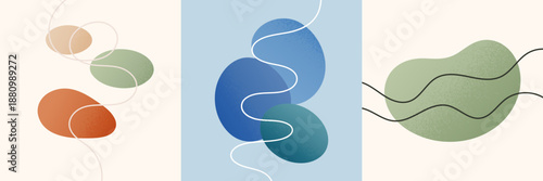 Vibrant abstract poster with organic shapes and fluid wavy lines and flowing blobs shapes in earthy tones, creating modern minimal posters with calm flow for creative wall art