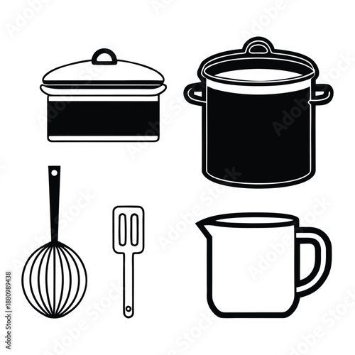 Collection of kitchen utensils including pots, a ladle, a spatula, and a jug