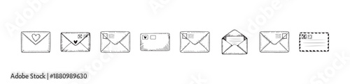 Vintage hand drawn mail envelopes set with hearts stamps open letter sketch romantic correspondence vector illustration