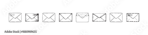 Hand drawn envelope collection various mail letters correspondence sketch vintage doodle engraving style isolated