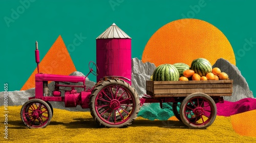 Vibrant Pink Tractor With Fruit Wagon In Surreal Farm Landscape With Colorful Shapes