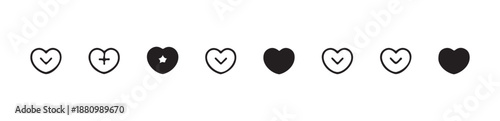 Assortment of heart icons showing check mark star and solid fill variations for design