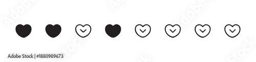 Collection of solid and outline heart symbols featuring down arrow for selection state
