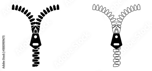 Vector illustration of a zipper icon, showing the teeth and pull in a clear and detailed design. The image contrasts black and white colors, presenting the zipper in an open or closing position.