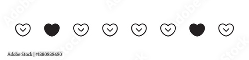 Row of heart icons alternating between filled and outline styles with down arrow inside