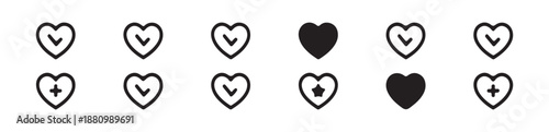 Grid of heart icons showing various states like check mark star and solid fill options