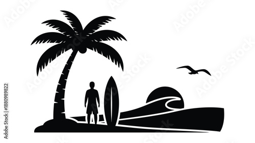 Tropical beach scene with a surfer and palm tree silhouette