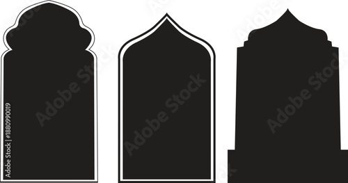 Set of Traditional Islamic Arch Silhouettes and Decorative Mosque Window Frame Elements for Arabic Design