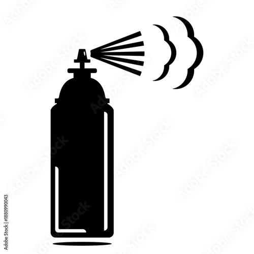 Black silhouette of a spray can with spray clouds emanating, symbolizing aerosol, painting, graffiti art, or air fresheners.