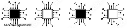 Set of four microprocessor or microchip icons with varying levels of shading, symbolizing technology, computing, or data processing.