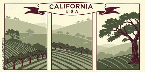 U.S, USA, US, United States - California Vineyard Landscape Triptych – USA Countryside Illustration, Rustic Farmland Art, Wine Country Hills, Scenic Fields, Vintage Travel Poster Design
