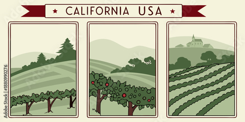 U.S, USA, US, United States - California Agricultural Landscape Triptych – USA Farmland Illustration, Vineyard & Orchard Art, Rustic Countryside Fields, Vintage Travel Poster Style

