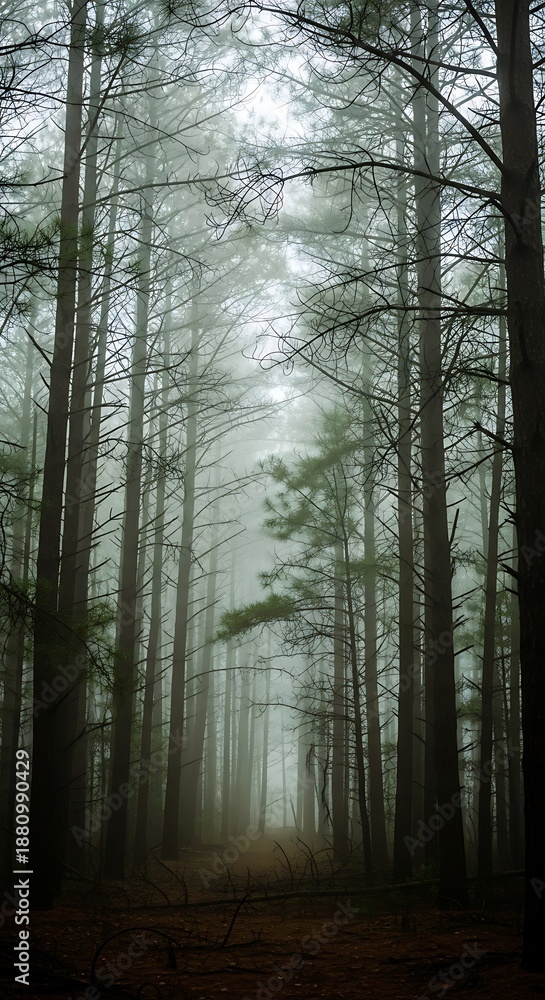 Obraz premium Misty Forest Path - A Serene Walk Among Tall Trees.