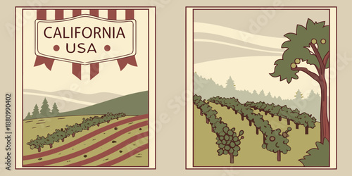 U.S, USA, US, United States - California Vineyard Diptych — Scenic Wine Country Landscape Illustration | Rustic California USA Farmland Wall Art Print | Modern Farmhouse Decor | Digital Download
