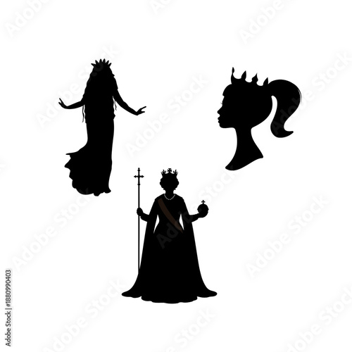 Queen silhouette illustration icons on white background.