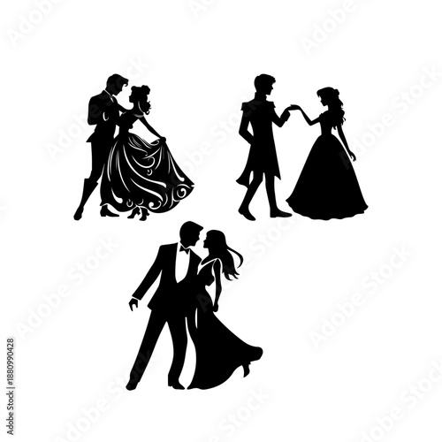 Princess and prince illustration , silhouette of a bride and groom.