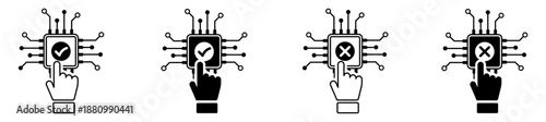 Set of icons depicting a hand pressing a chip with check and cross marks, symbolizing approval or rejection in a digital environment.