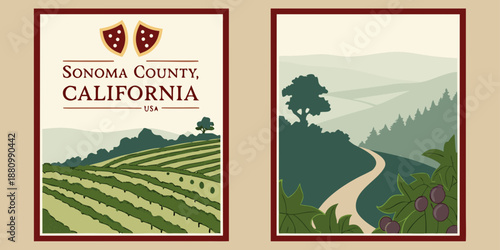 U.S, USA, US, United States - Sonoma County Vineyard Diptych — Scenic Wine Country Landscape Illustration | California USA Farmland Wall Art Print | Rustic Modern Decor | Digital Download
