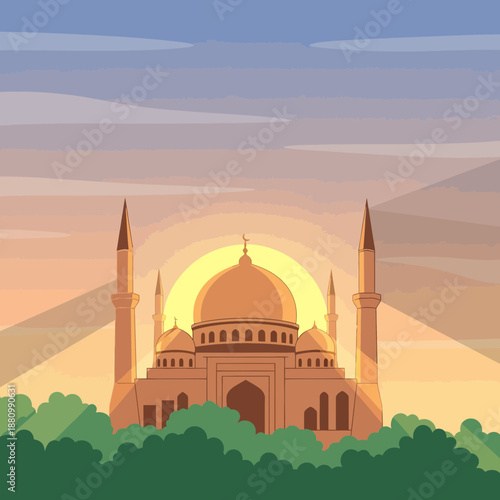 Mosque with Dome and Minarets Illustration.