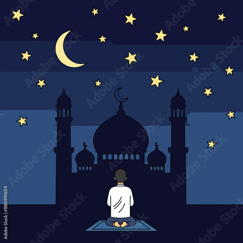 Man Praying Outside Mosque Under Stars.