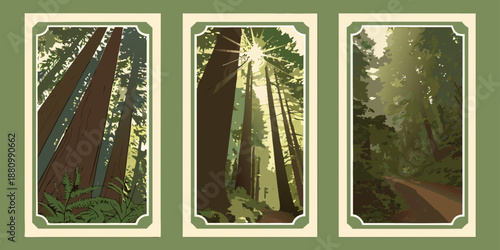 U.S, USA, US, United States - Forest Triptych — Majestic Tall Trees, Sunlit Canopy & Scenic Woodland Path Illustration | Rustic Nature Wall Art Print | Vintage‑Style Outdoor Decor | Digital Download
