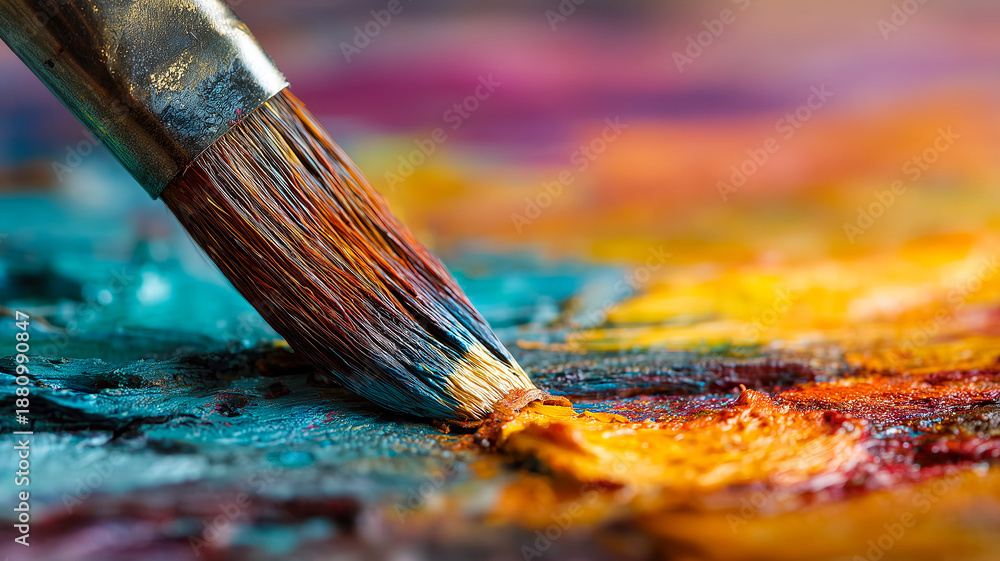 Fototapeta premium Macro paintbrush with colorful oil paint textures artist
