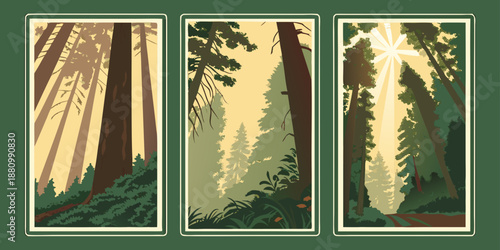 U.S, USA, US, United States - Forest Triptych — Towering Trees, Sunlit Canopy & Scenic Woodland Path Illustration | Rustic Nature Wall Art Print | Vintage‑Style Outdoor Decor | Digital Download
