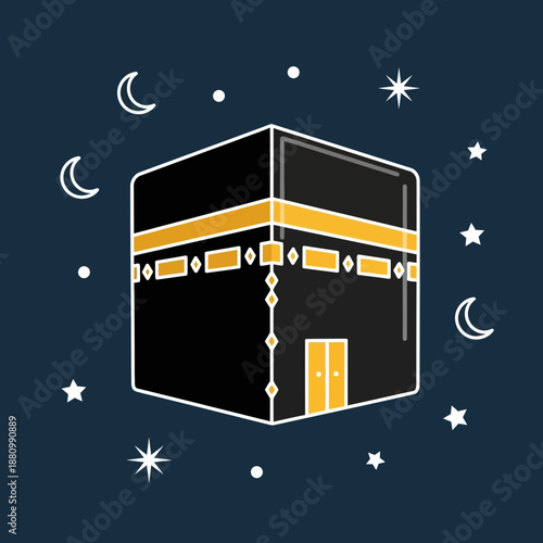 Kaaba Illustration with Stars and Moon.