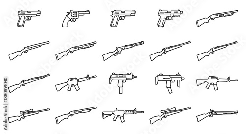 Collection of outline drawings depicting various firearms, including pistols, revolvers, rifles, and submachine guns arranged in rows.