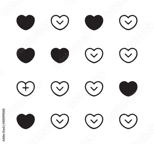 Assorted heart icons with checkmarks plus signs and solid fill for web design