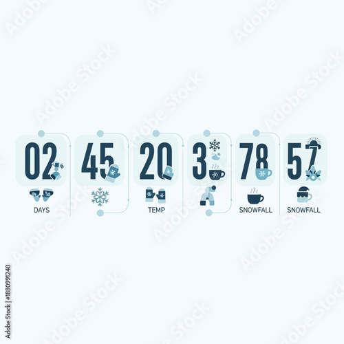 Winter concept infographic with snowmen, trees, snowflakes, and various seasonal elements.