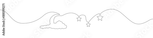 Clouded Moon icon line continuous drawing vector. One line clouds with star icon vector background. Clouds icon. Continuous outline of a star with moon icon.
