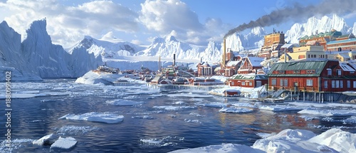 Winter Landscape of Snowy Village by Icy Glacial Waters in Daylight