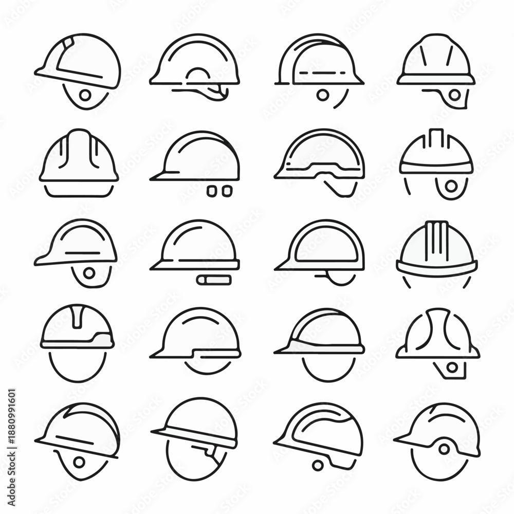 Fototapeta premium Construction Helmet Line Icons Set – Worker Safety Hard Hats and Head Protection Vector