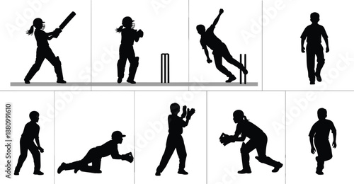 Cricket Player Silhouette Set Featuring Batsmen Bowling Action Fielders Diving Running And Wicket Keeper Poses Isolated On White Background For Sports Coaching And Design