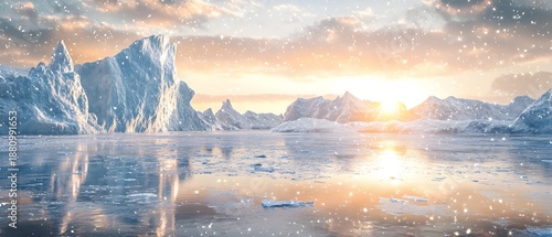 Serene Winter Landscape with Icebergs and Sunset Reflection