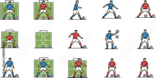 Soccer Football Training Icon Set Featuring Players Dribbling Controlling Ball And Pitch Tactics In Red And Blue Uniforms Isolated On White Background For Coaching
