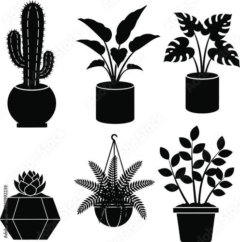 Set of houseplant and gardening icons including cactus and potted plant